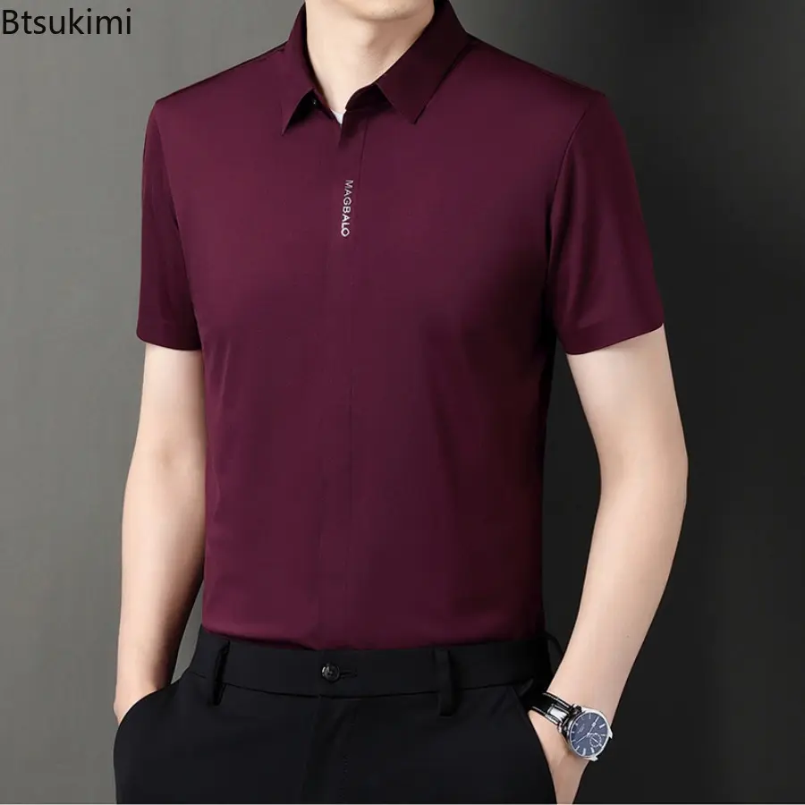 2025 Men's Summer Ice Silk Short Sleeve Shirts Solid Slim Business Casual Shirts Men Comfy Elastic Cardigan Social Blouse Tops