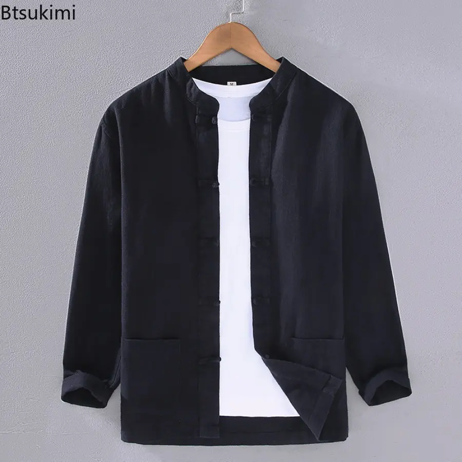 Chinese Style Men's Cotton Linen Shirt Solid Chinese Frog Long Sleeve Jacket Coats Stand Collar Casual Loose Male Tai Chi Hanfu
