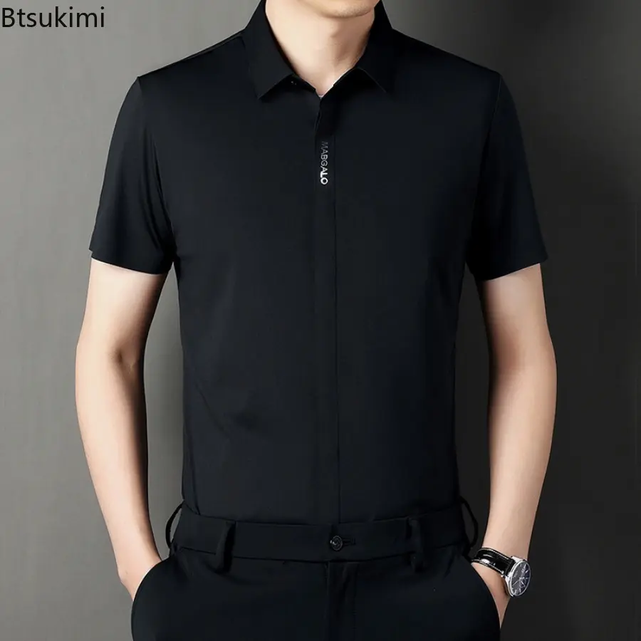 2025 Men's Summer Ice Silk Short Sleeve Shirts Solid Slim Business Casual Shirts Men Comfy Elastic Cardigan Social Blouse Tops