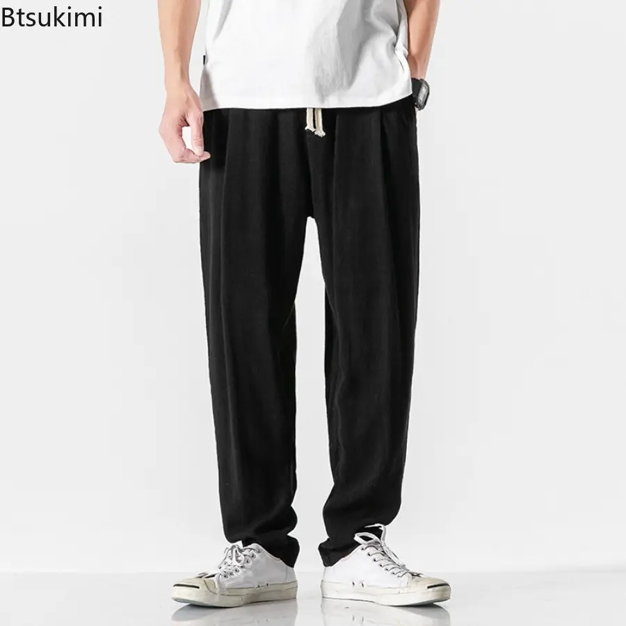 Spring Summer Men's Flax Pants Solid Loose Large Size Elastic Waists Traight Leg Pants Fashionable Comfortable Casual Trousers