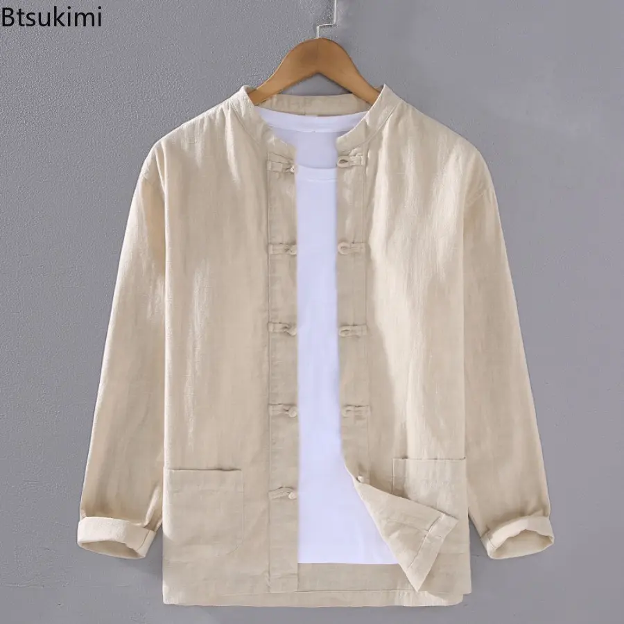 Chinese Style Men's Cotton Linen Shirt Solid Chinese Frog Long Sleeve Jacket Coats Stand Collar Casual Loose Male Tai Chi Hanfu