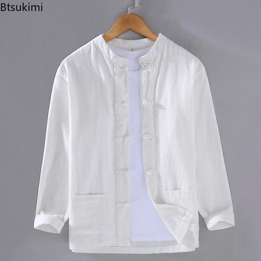 Chinese Style Men's Cotton Linen Shirt Solid Chinese Frog Long Sleeve Jacket Coats Stand Collar Casual Loose Male Tai Chi Hanfu