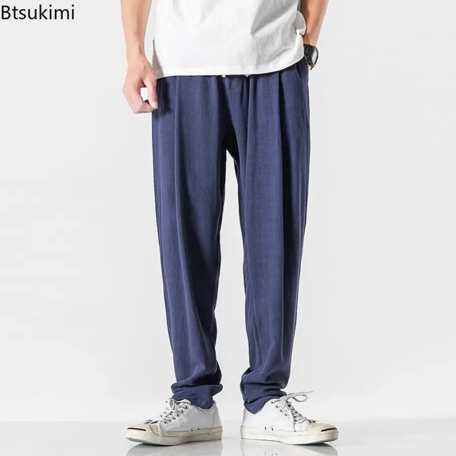 Spring Summer Men's Flax Pants Solid Loose Large Size Elastic Waists Traight Leg Pants Fashionable Comfortable Casual Trousers