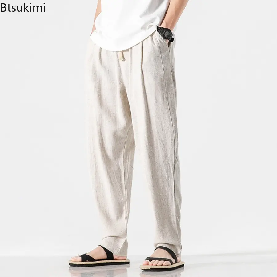 Spring Summer Men's Flax Pants Solid Loose Large Size Elastic Waists Traight Leg Pants Fashionable Comfortable Casual Trousers