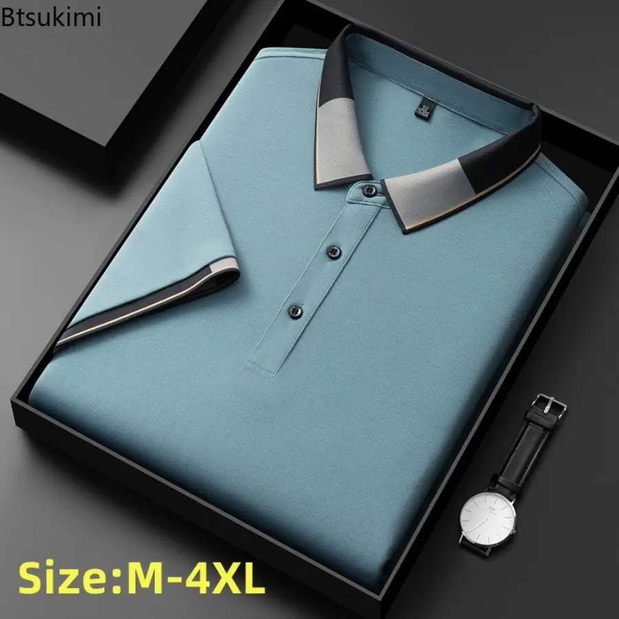 2025 Summer Mulberry Silk Short-sleeved T-shirt for Men Fashion Patchwork Design Business Casual Polo Shirt Men Social Golf Tops