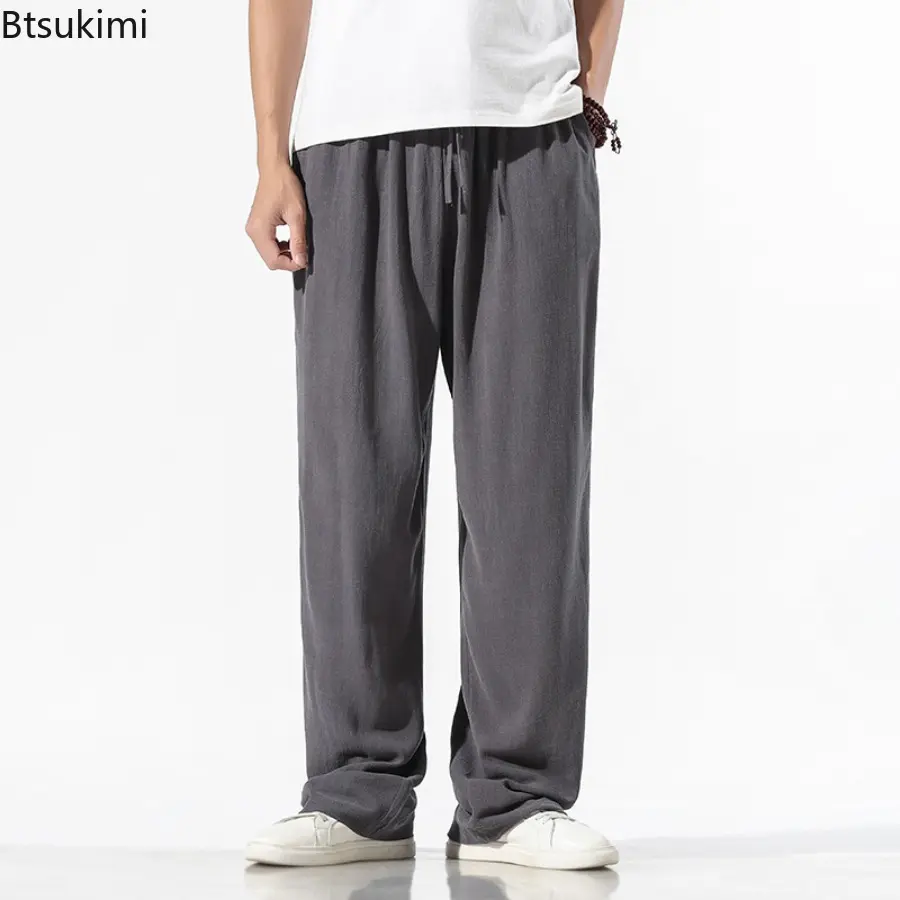 Spring Summer Men's Flax Pants Solid Loose Large Size Elastic Waists Traight Leg Pants Fashionable Comfortable Casual Trousers