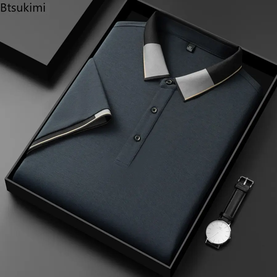 2025 Summer Mulberry Silk Short-sleeved T-shirt for Men Fashion Patchwork Design Business Casual Polo Shirt Men Social Golf Tops