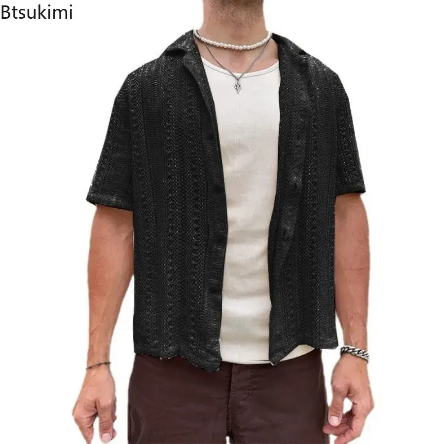 2025 Men's Hollow Out Knitted Shirts Summer Breathable Solid Vintage Knit Cardigan Men Casual Short Sleeve T-shirt Beach Tops