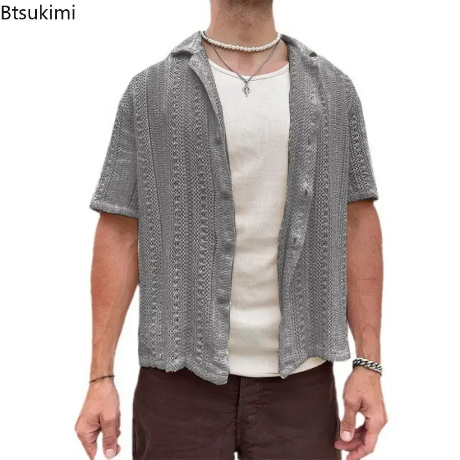 2025 Men's Hollow Out Knitted Shirts Summer Breathable Solid Vintage Knit Cardigan Men Casual Short Sleeve T-shirt Beach Tops