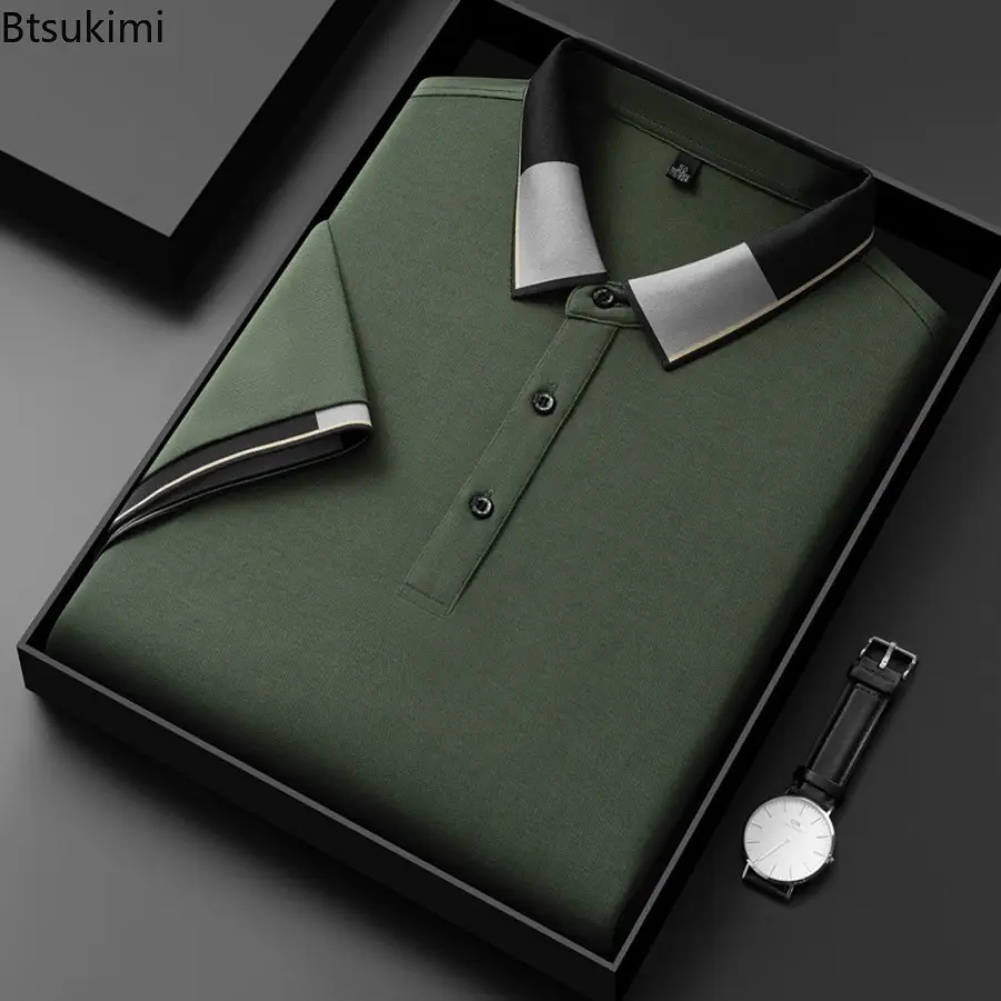 2025 Summer Mulberry Silk Short-sleeved T-shirt for Men Fashion Patchwork Design Business Casual Polo Shirt Men Social Golf Tops