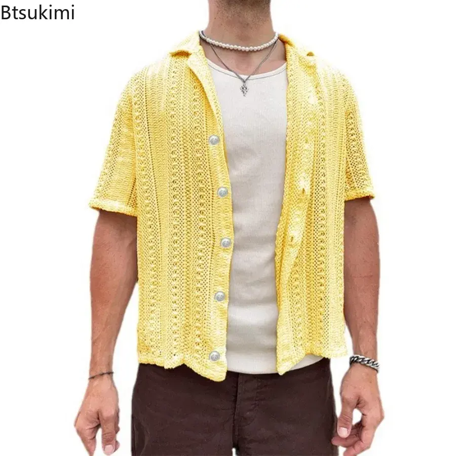 2025 Men's Hollow Out Knitted Shirts Summer Breathable Solid Vintage Knit Cardigan Men Casual Short Sleeve T-shirt Beach Tops