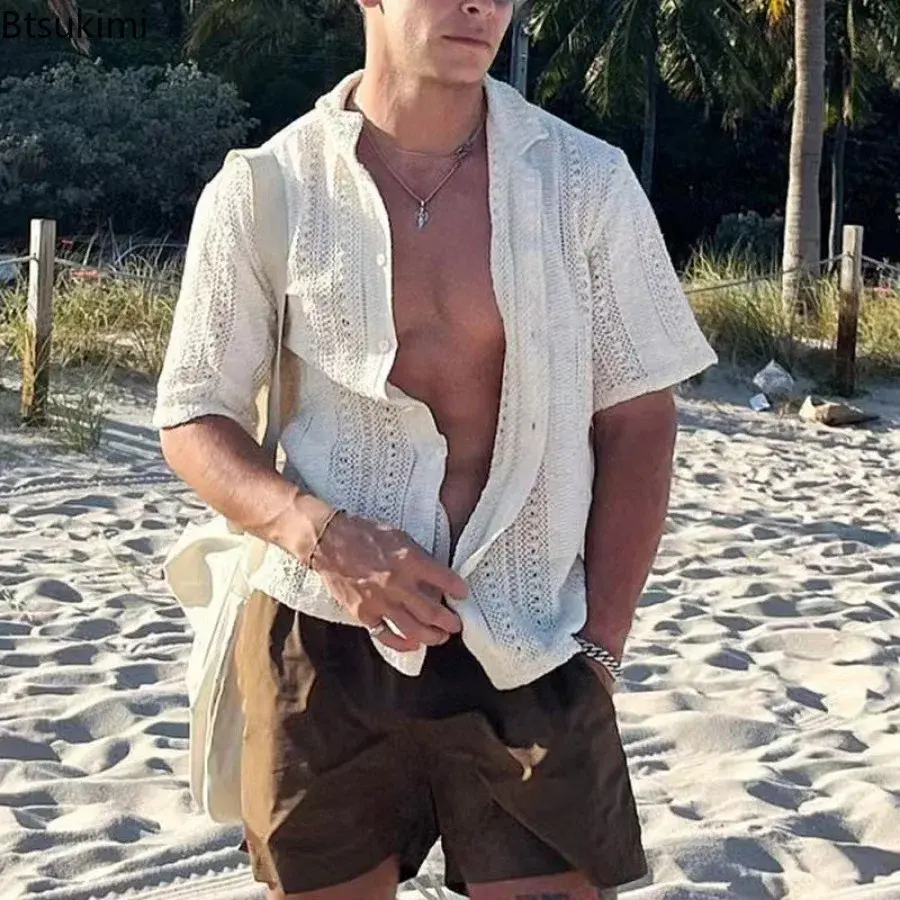 2025 Men's Hollow Out Knitted Shirts Summer Breathable Solid Vintage Knit Cardigan Men Casual Short Sleeve T-shirt Beach Tops
