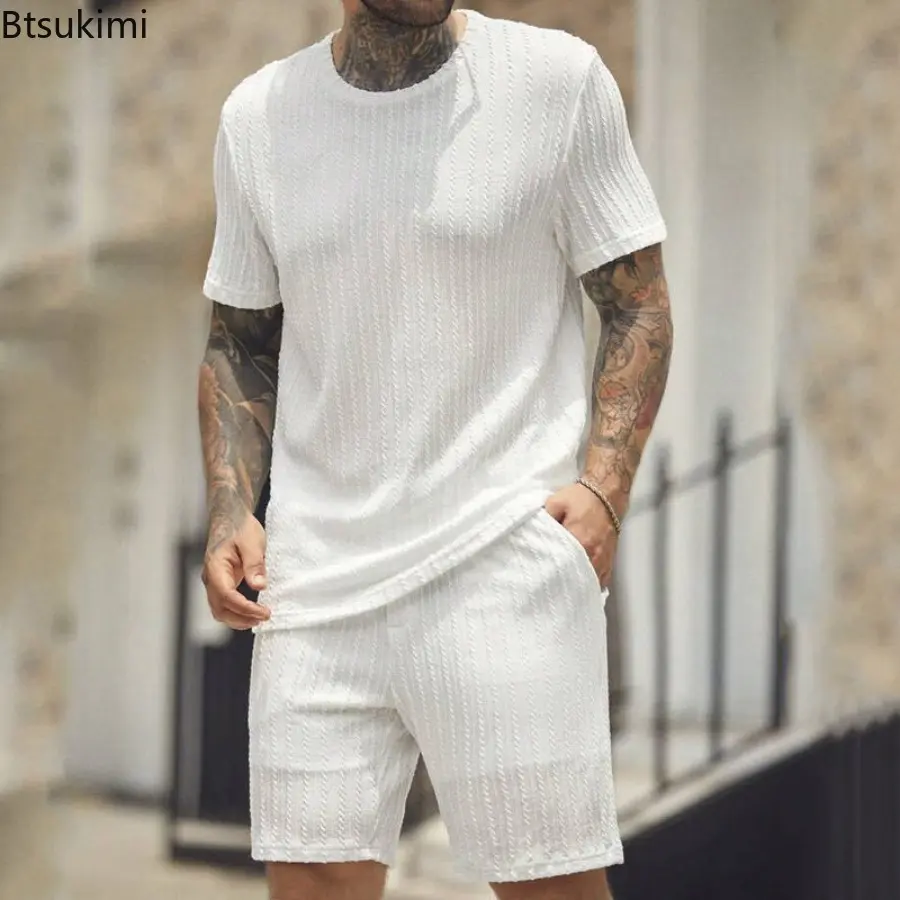 Fashion New Men's Casual Sport Two Piece Sets Solid Short Sleeve O-neck T-shirt and Shorts Outfit Men Loose Tracksuit Streetwear