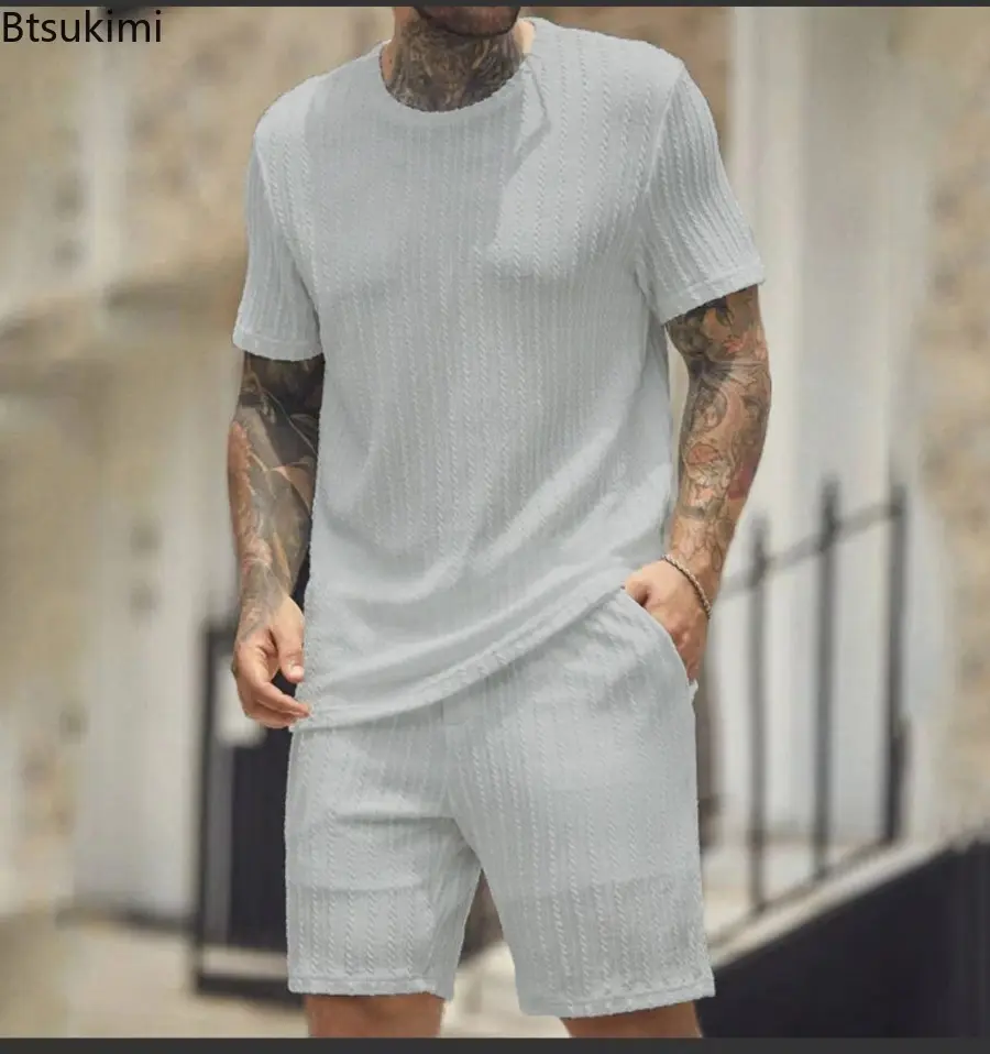 Fashion New Men's Casual Sport Two Piece Sets Solid Short Sleeve O-neck T-shirt and Shorts Outfit Men Loose Tracksuit Streetwear
