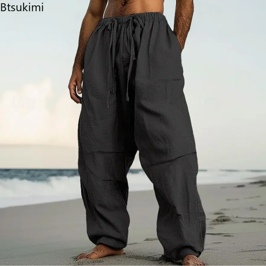 New Men's Cotton Linen Loose Casual Trousers Simple Comfortable Drawstring Pocket Straight Pants Outdoor Beach Sport Pants Male
