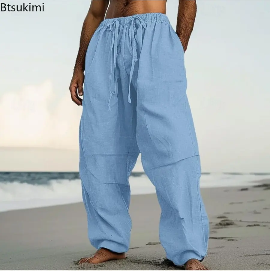 New Men's Cotton Linen Loose Casual Trousers Simple Comfortable Drawstring Pocket Straight Pants Outdoor Beach Sport Pants Male