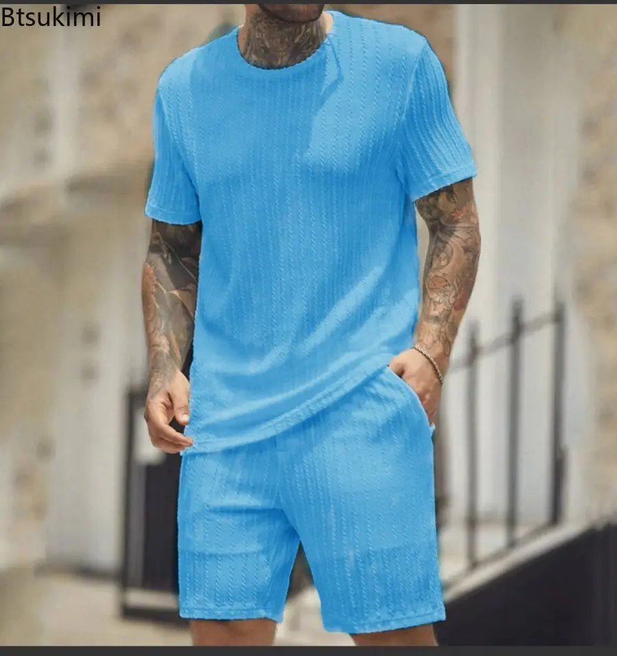 Fashion New Men's Casual Sport Two Piece Sets Solid Short Sleeve O-neck T-shirt and Shorts Outfit Men Loose Tracksuit Streetwear