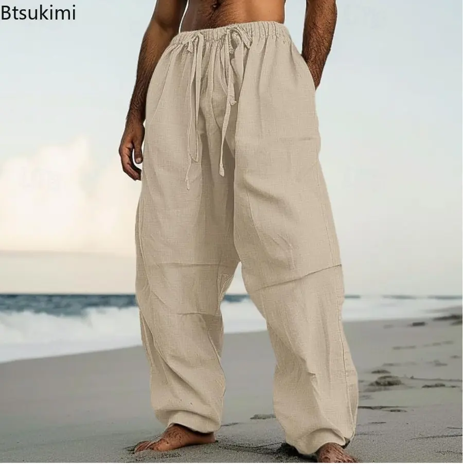 New Men's Cotton Linen Loose Casual Trousers Simple Comfortable Drawstring Pocket Straight Pants Outdoor Beach Sport Pants Male