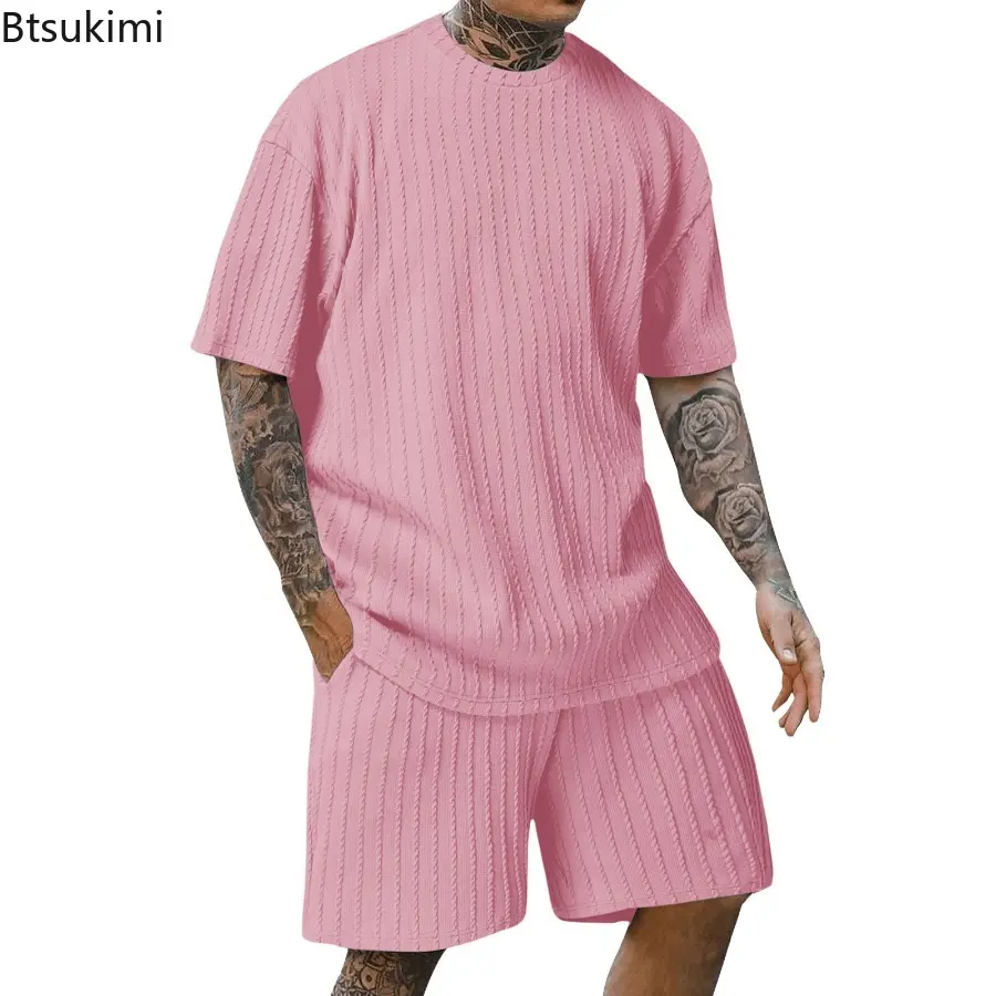Fashion New Men's Casual Sport Two Piece Sets Solid Short Sleeve O-neck T-shirt and Shorts Outfit Men Loose Tracksuit Streetwear