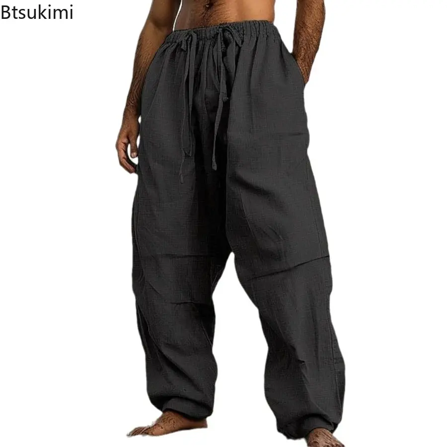 New Men's Cotton Linen Loose Casual Trousers Simple Comfortable Drawstring Pocket Straight Pants Outdoor Beach Sport Pants Male