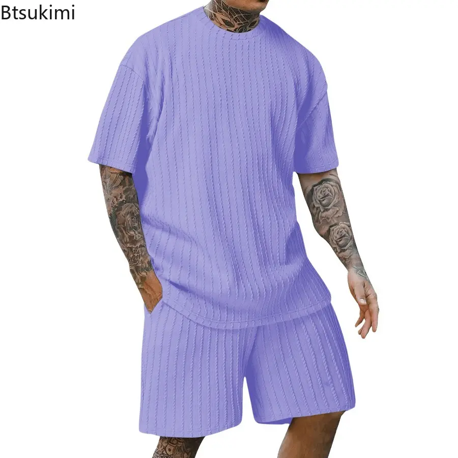 Fashion New Men's Casual Sport Two Piece Sets Solid Short Sleeve O-neck T-shirt and Shorts Outfit Men Loose Tracksuit Streetwear