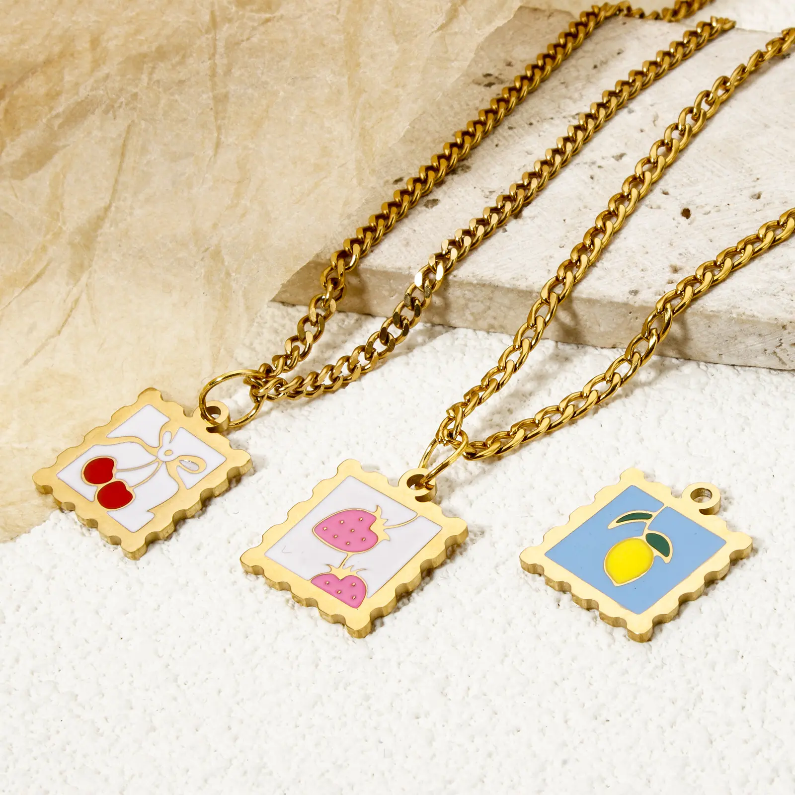 2 PCs 304 Stainless Steel Charms 14K Real Gold Plated Square Strawberry Fruit Enamel Pendants For Necklace Bracelet DIY Making