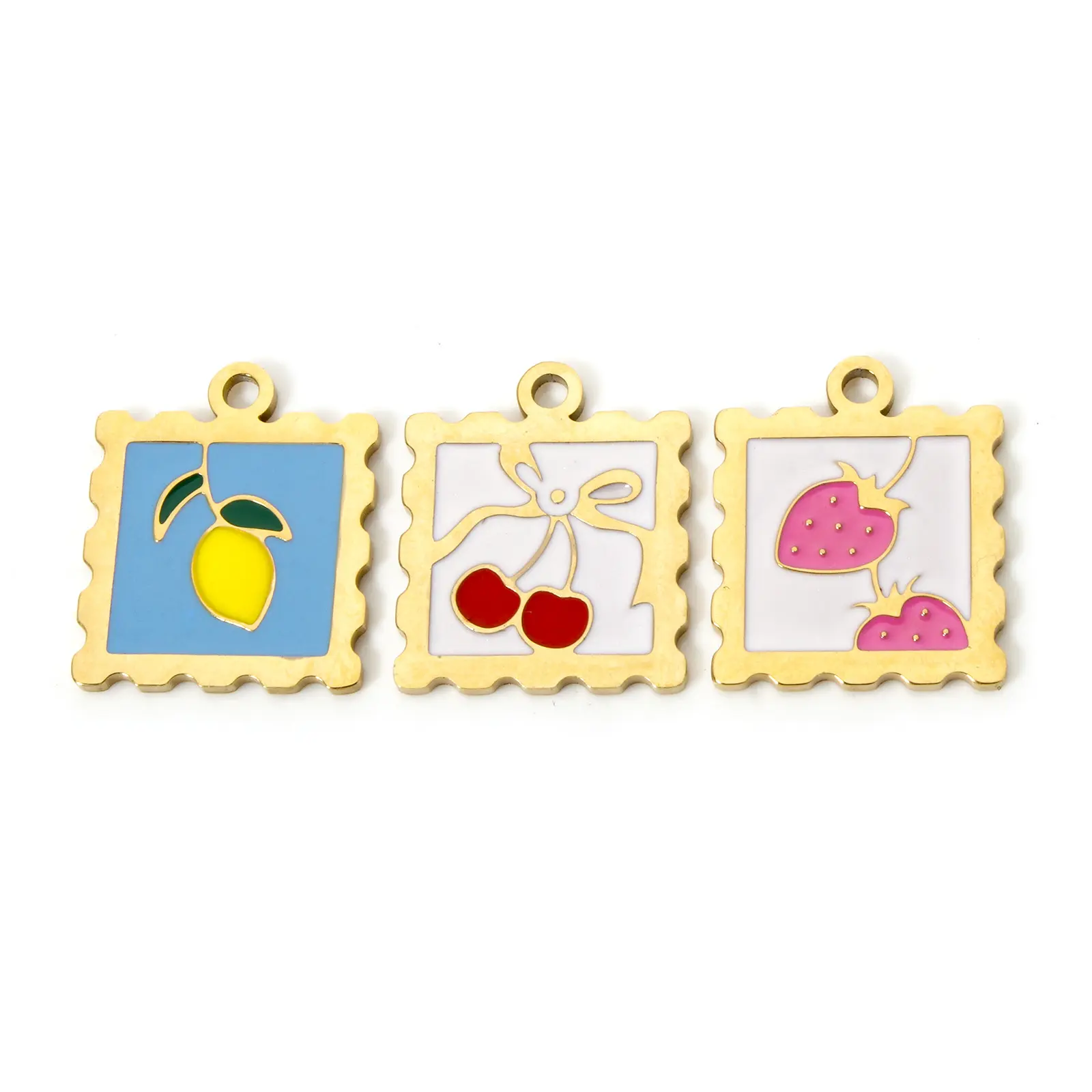 2 PCs 304 Stainless Steel Charms 14K Real Gold Plated Square Strawberry Fruit Enamel Pendants For Necklace Bracelet DIY Making