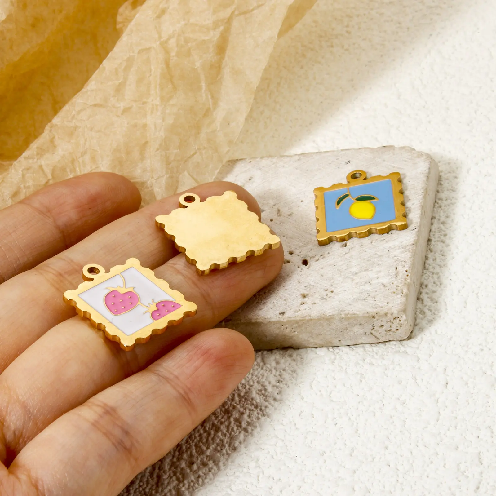 2 PCs 304 Stainless Steel Charms 14K Real Gold Plated Square Strawberry Fruit Enamel Pendants For Necklace Bracelet DIY Making