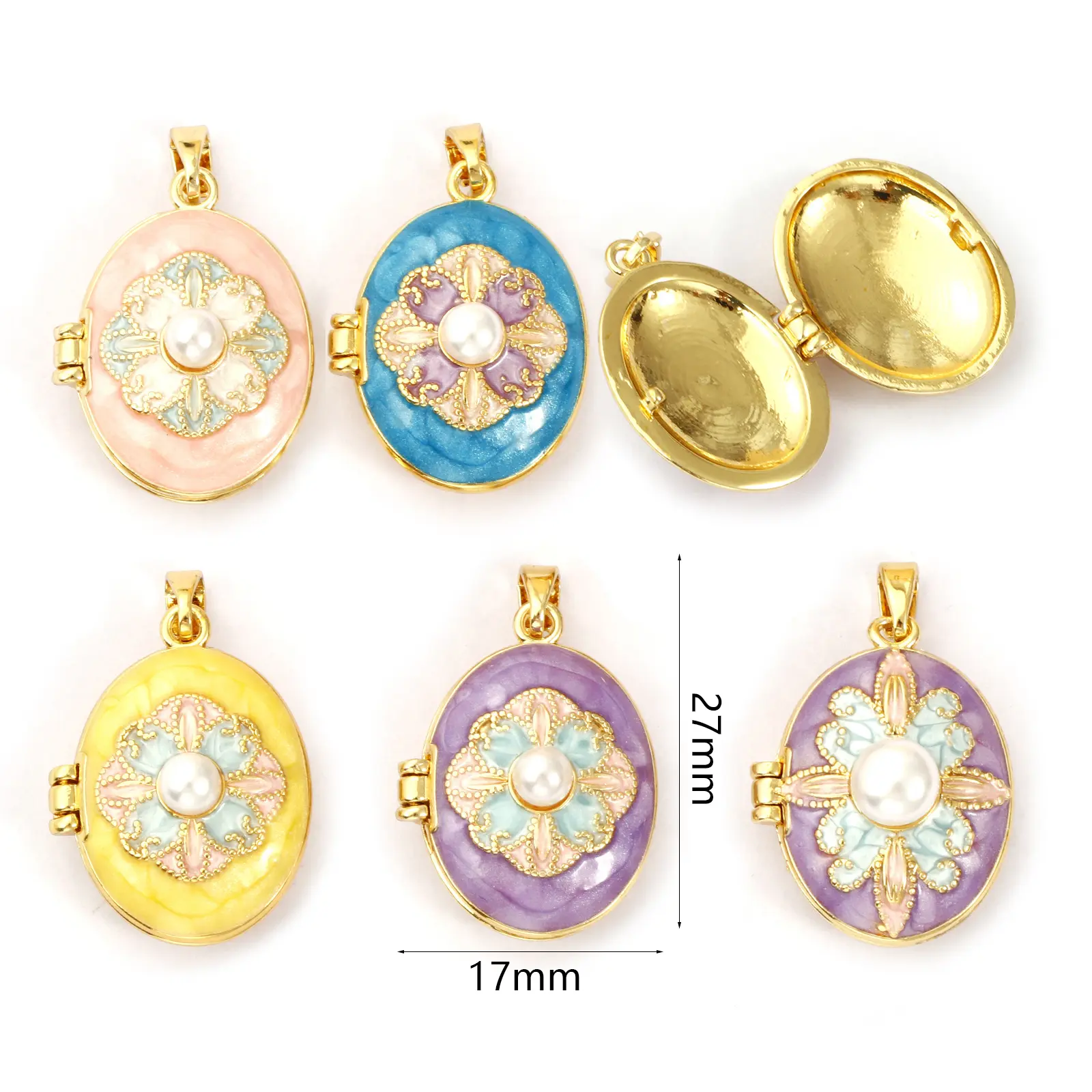 1 Piece Brass & Acrylic Picture Photo Locket Frame Pendants 18K Gold Plated Enamel Oval Flower Can Open Charms For DIY Neckalce