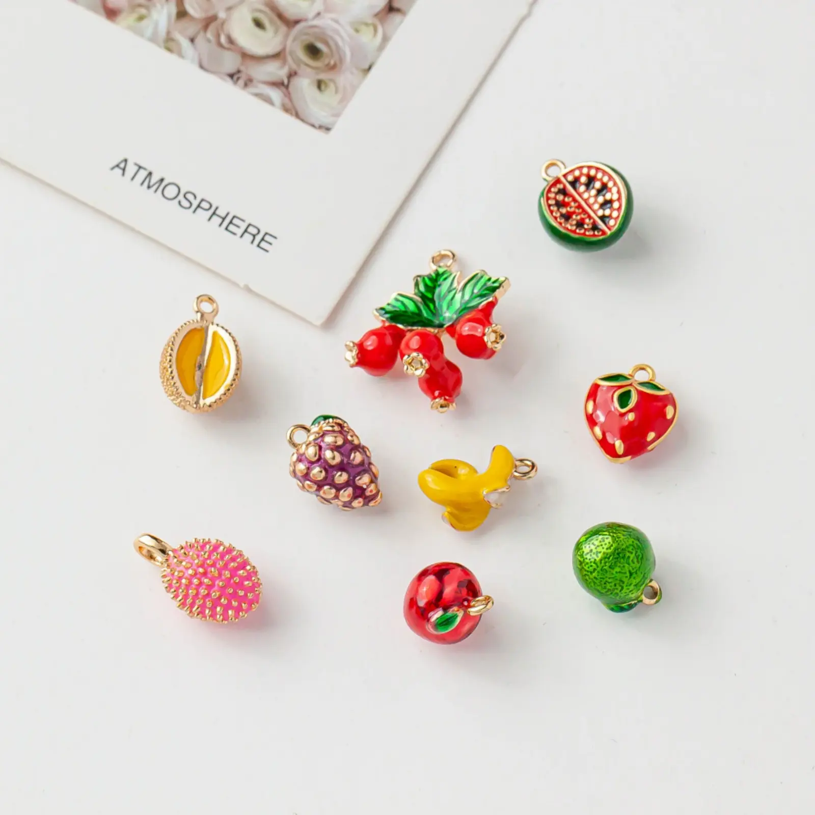 2 PCs Brass Charms 18K Gold Plated Fruit Enamel Pomegranate Peach Strawberry Apple Pendants For DIY Necklace Jewelry Making