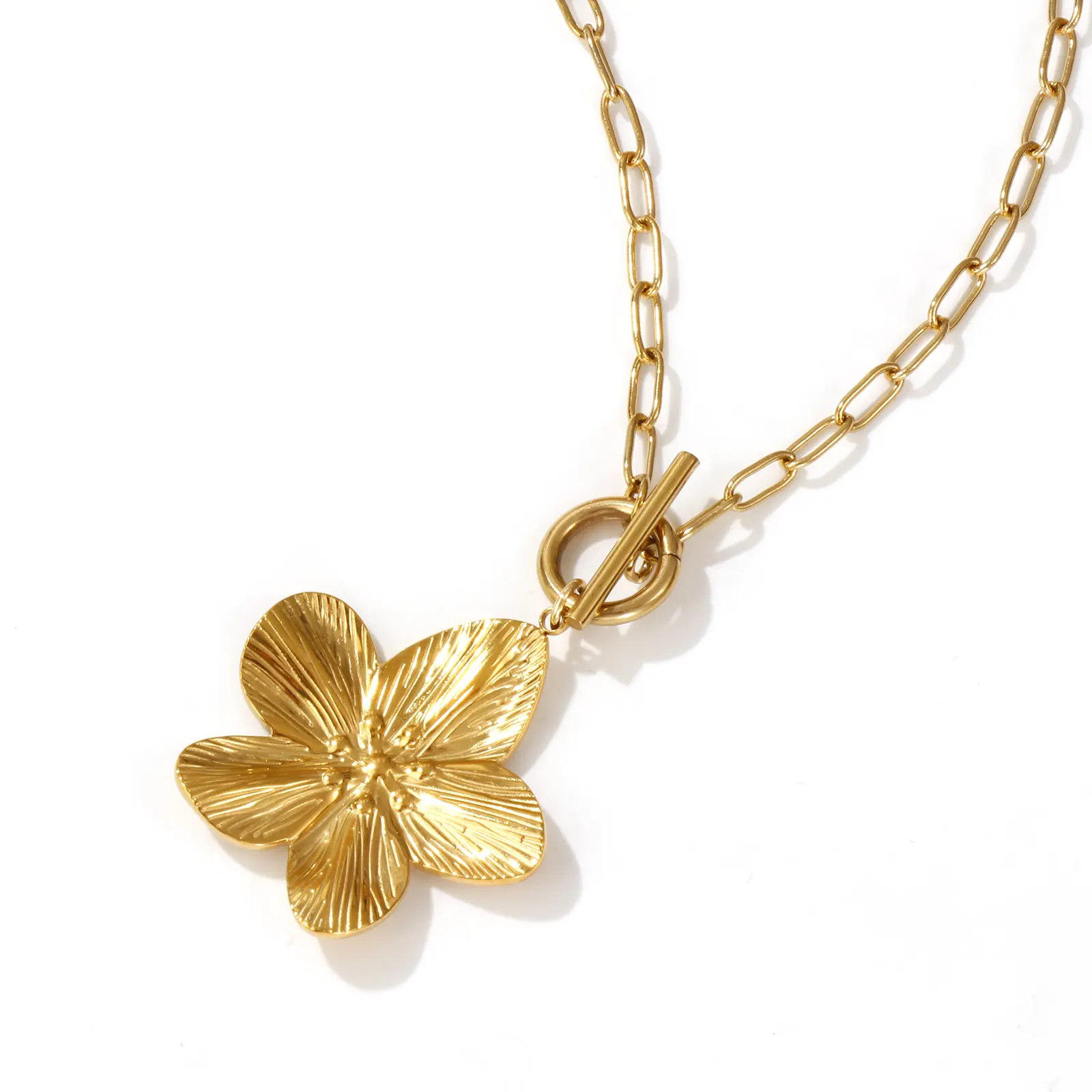 304 Stainless Steel Paperclip Link Chain Flower Pendant Charm Necklace 18K Gold Plated 45cm(17.7") For Women Gift 1 Piece