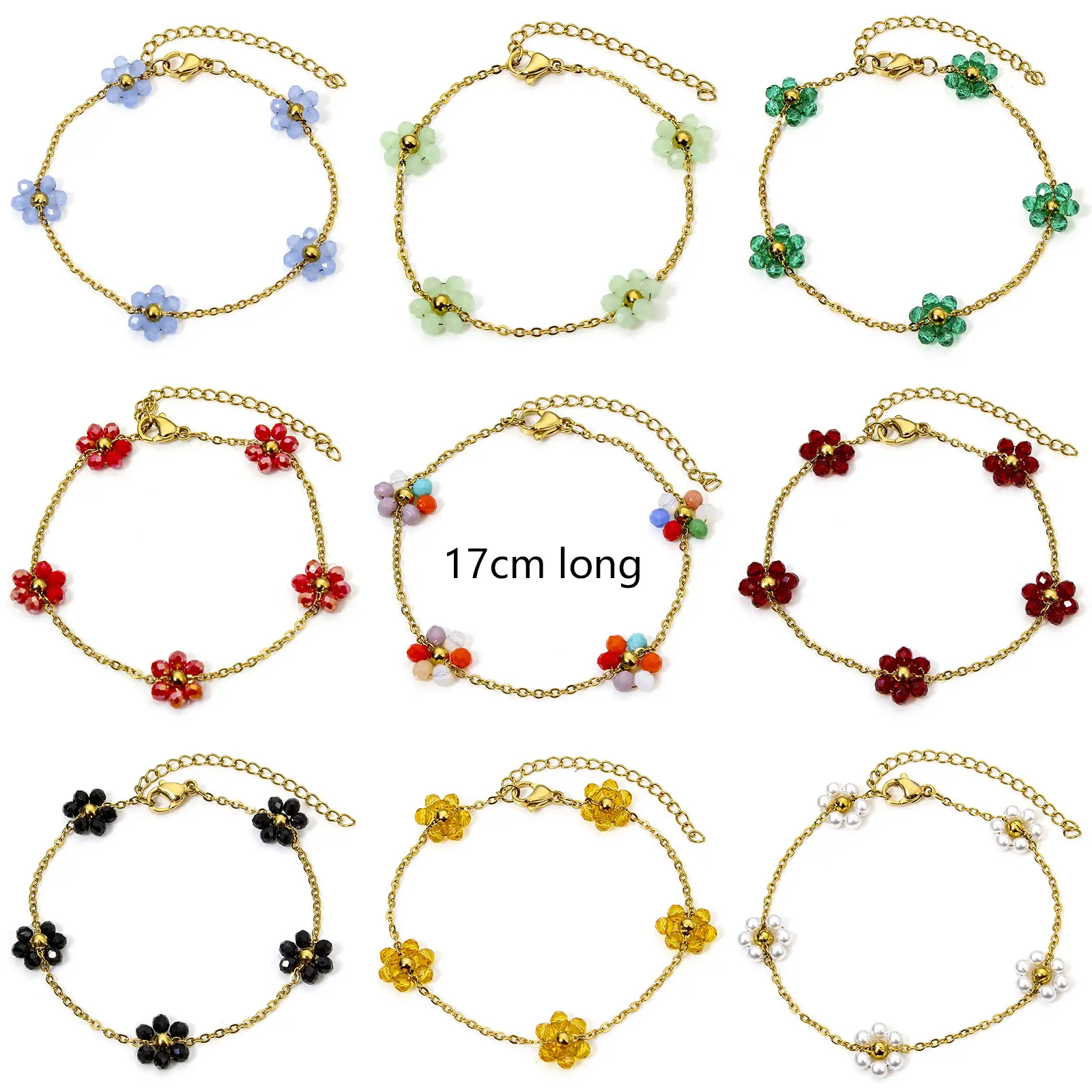 1 Piece 304 Stainless Steel Handmade Link Chain Bracelets Colorful Glass String Beads Flower 18K Gold Plated 17cm(6 6/8") long