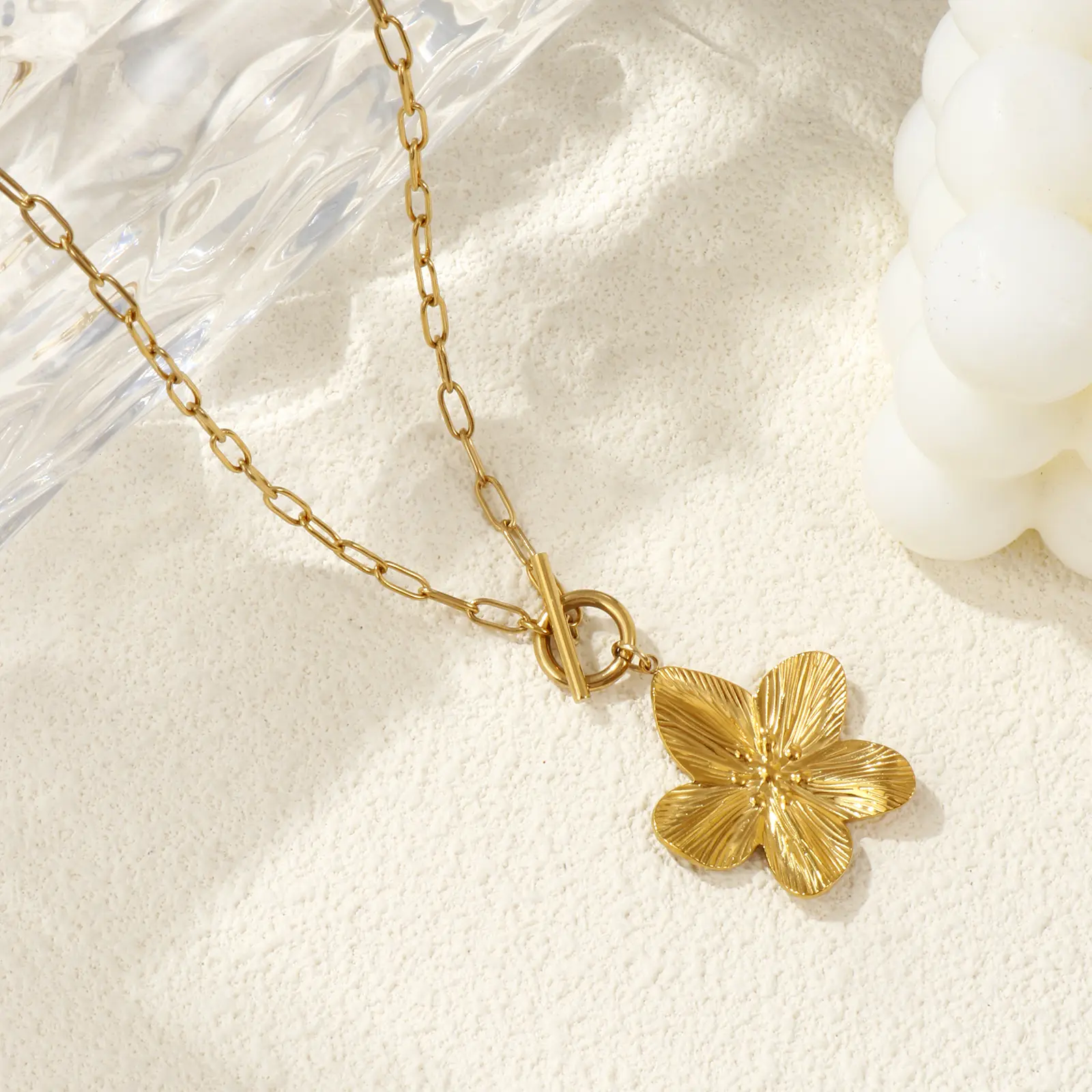 304 Stainless Steel Paperclip Link Chain Flower Pendant Charm Necklace 18K Gold Plated 45cm(17.7") For Women Gift 1 Piece