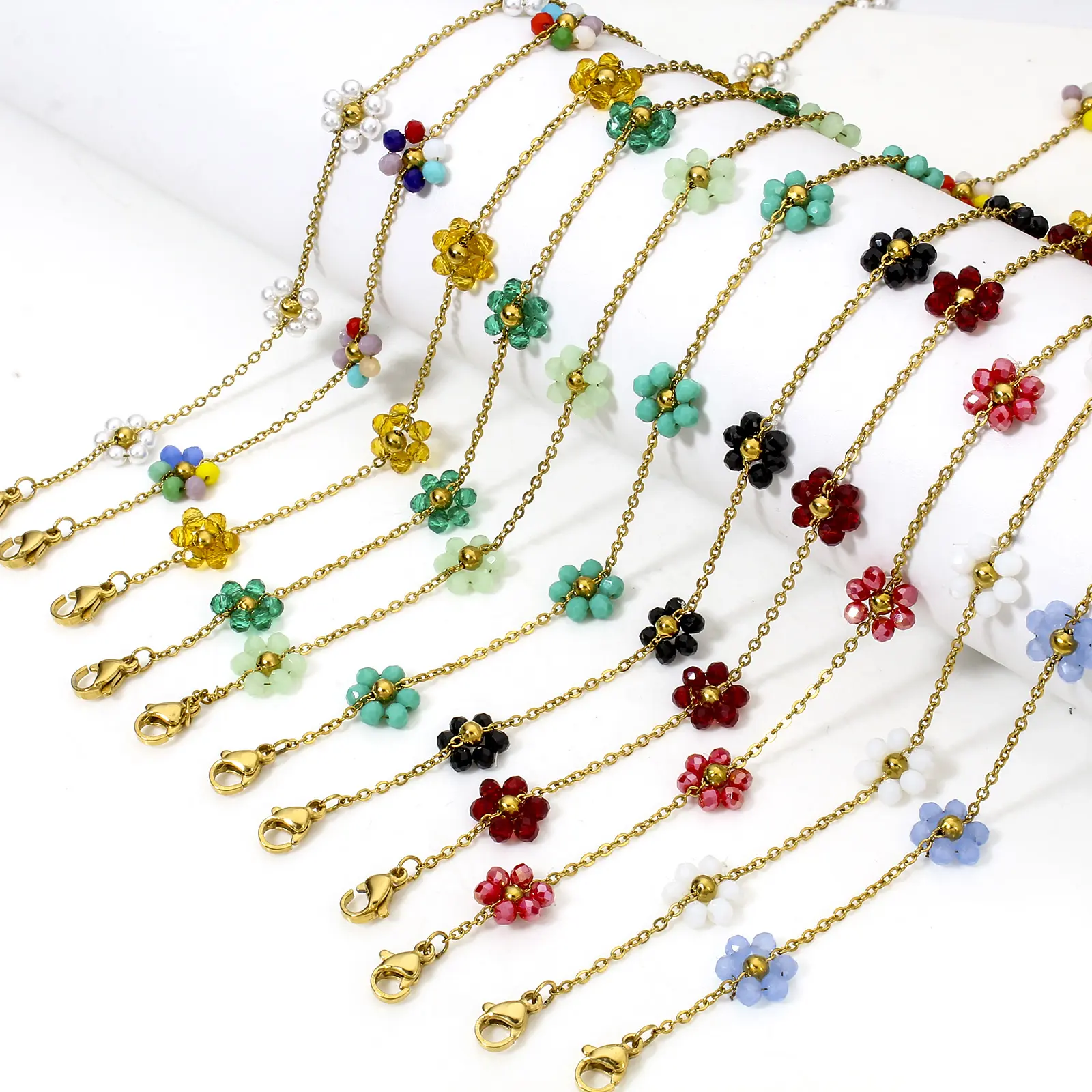 1 Piece 304 Stainless Steel Handmade Link Chain Bracelets Colorful Glass String Beads Flower 18K Gold Plated 17cm(6 6/8") long