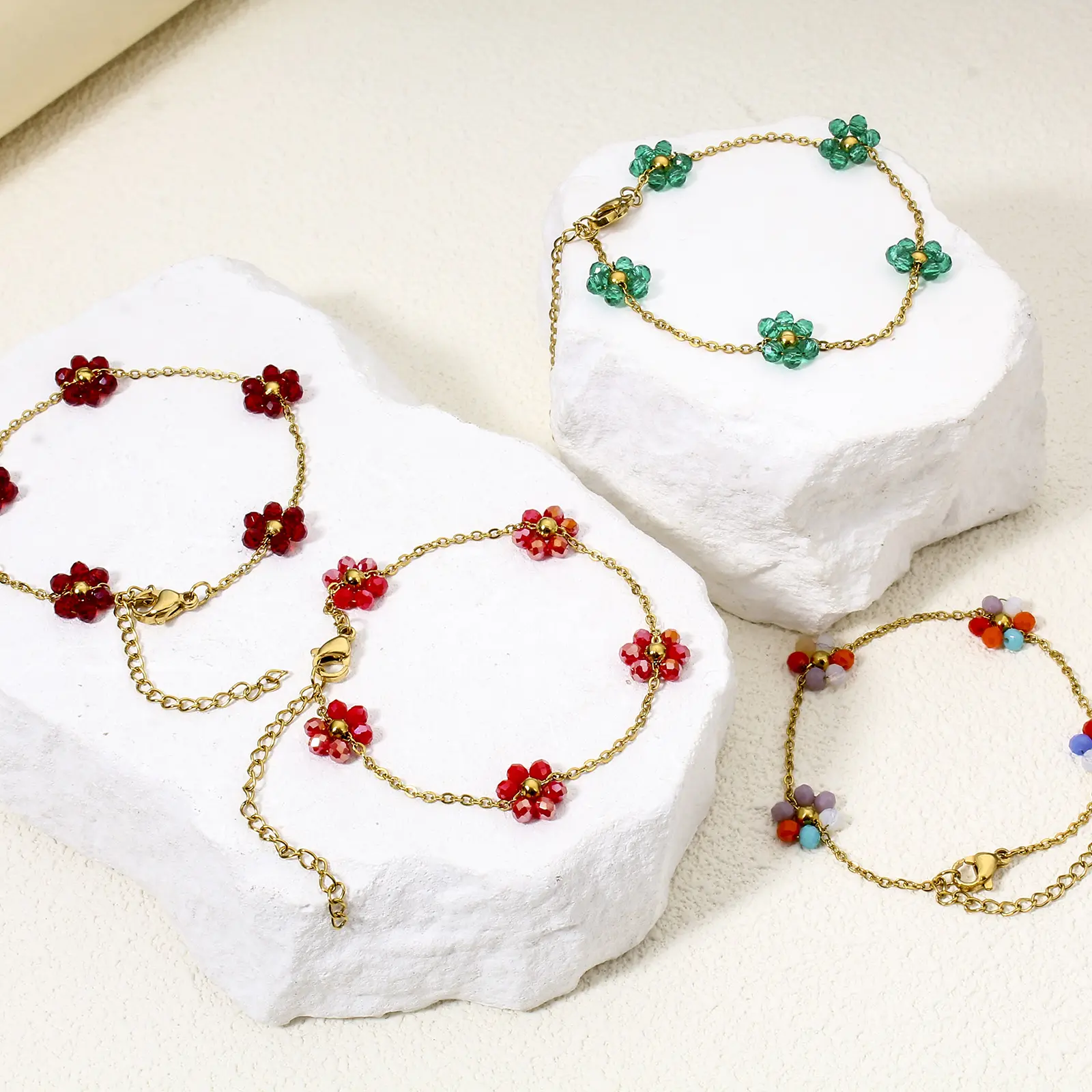 1 Piece 304 Stainless Steel Handmade Link Chain Bracelets Colorful Glass String Beads Flower 18K Gold Plated 17cm(6 6/8") long