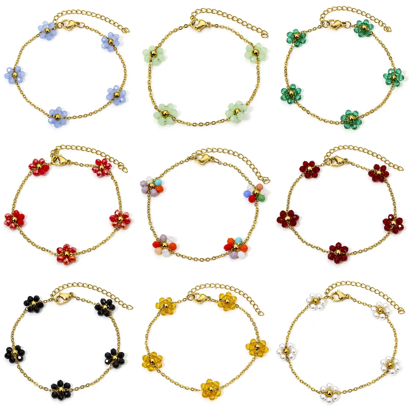 1 Piece 304 Stainless Steel Handmade Link Chain Bracelets Colorful Glass String Beads Flower 18K Gold Plated 17cm(6 6/8") long
