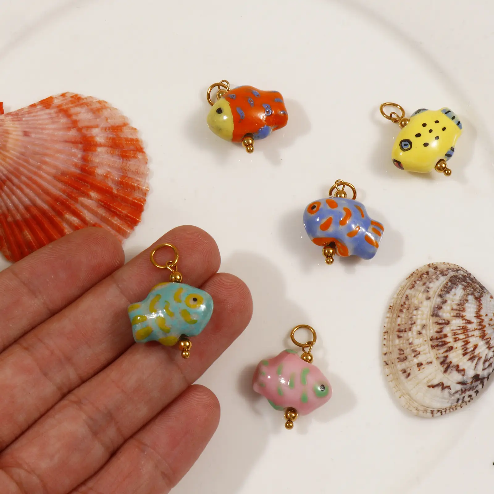 1 Piece 304 Stainless Steel & Ceramic Ocean Fish Jewelry Charms 18K Gold Plated Pendant For DIY Necklace Making 25mm x 18mm