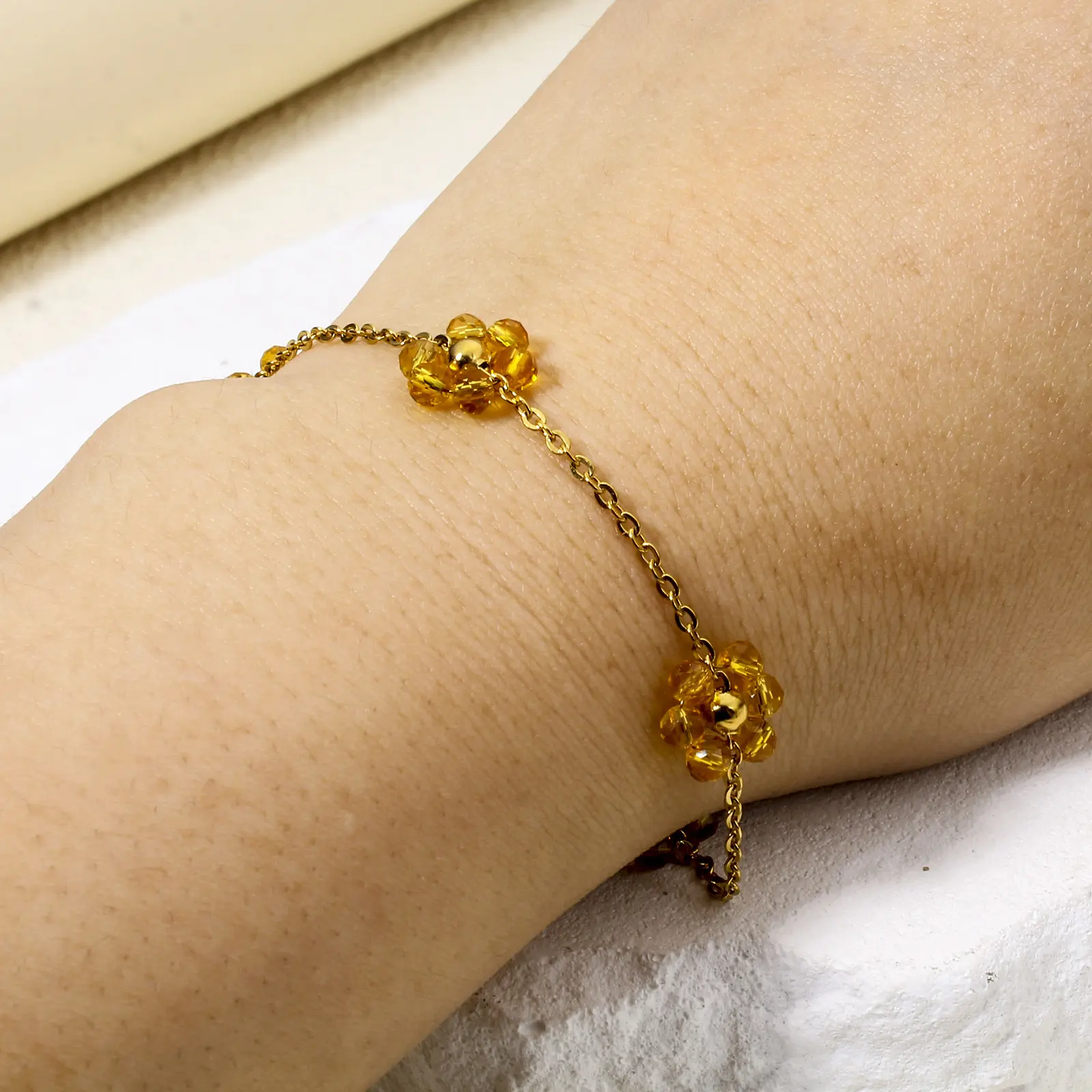 1 Piece 304 Stainless Steel Handmade Link Chain Bracelets Colorful Glass String Beads Flower 18K Gold Plated 17cm(6 6/8") long
