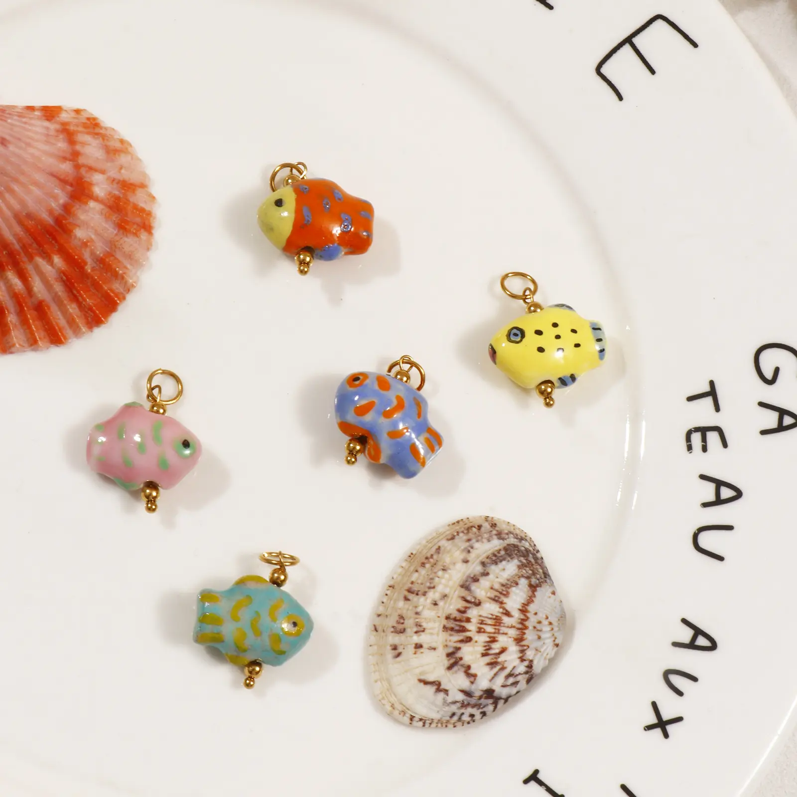1 Piece 304 Stainless Steel & Ceramic Ocean Fish Jewelry Charms 18K Gold Plated Pendant For DIY Necklace Making 25mm x 18mm
