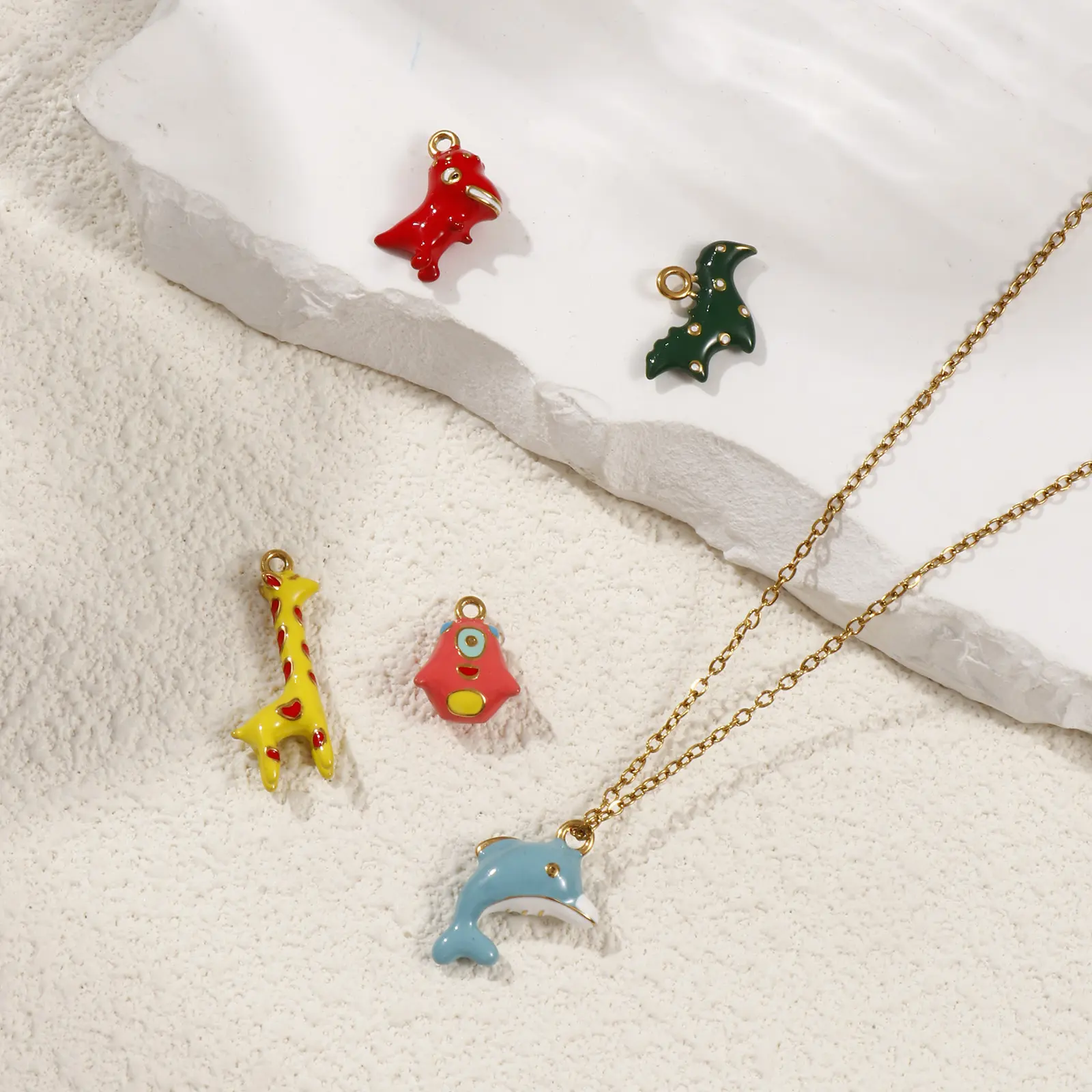 1 Piece 304 Stainless Steel 3D Charms 18K Gold Plated Animal Enamel Dinosaur Dolphin Giraffe Pendant For DIY Neckalce Making