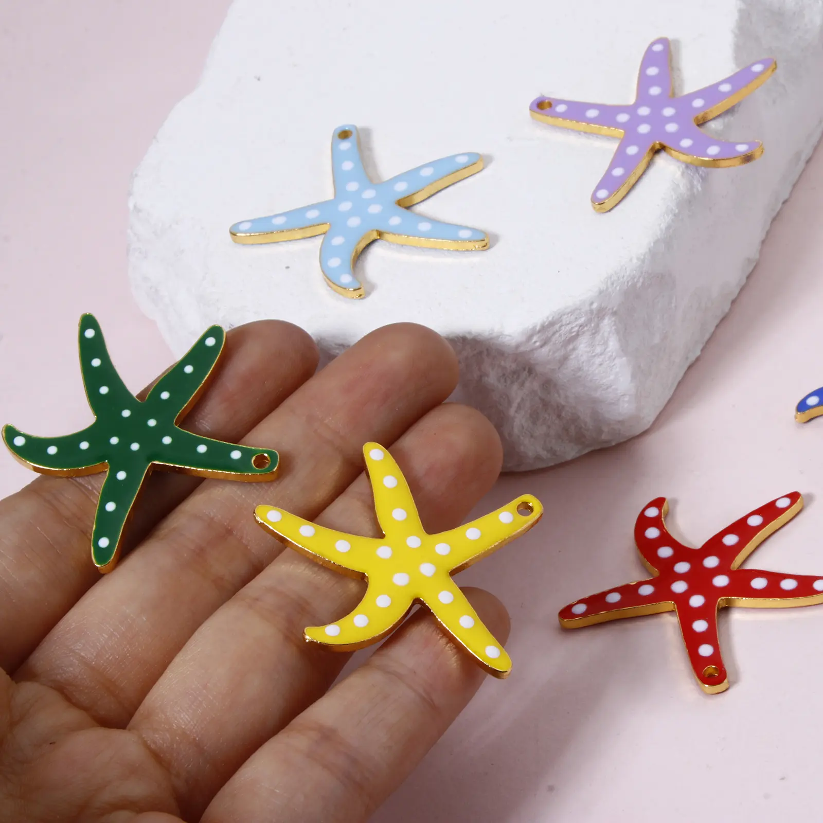 5PCs Ocean Dot Starfish Jewelry Pendants Gold Plated Double-sided Enamelled Sequins Pendant For DIY Jewelry Making 3.7cm x 3.5cm