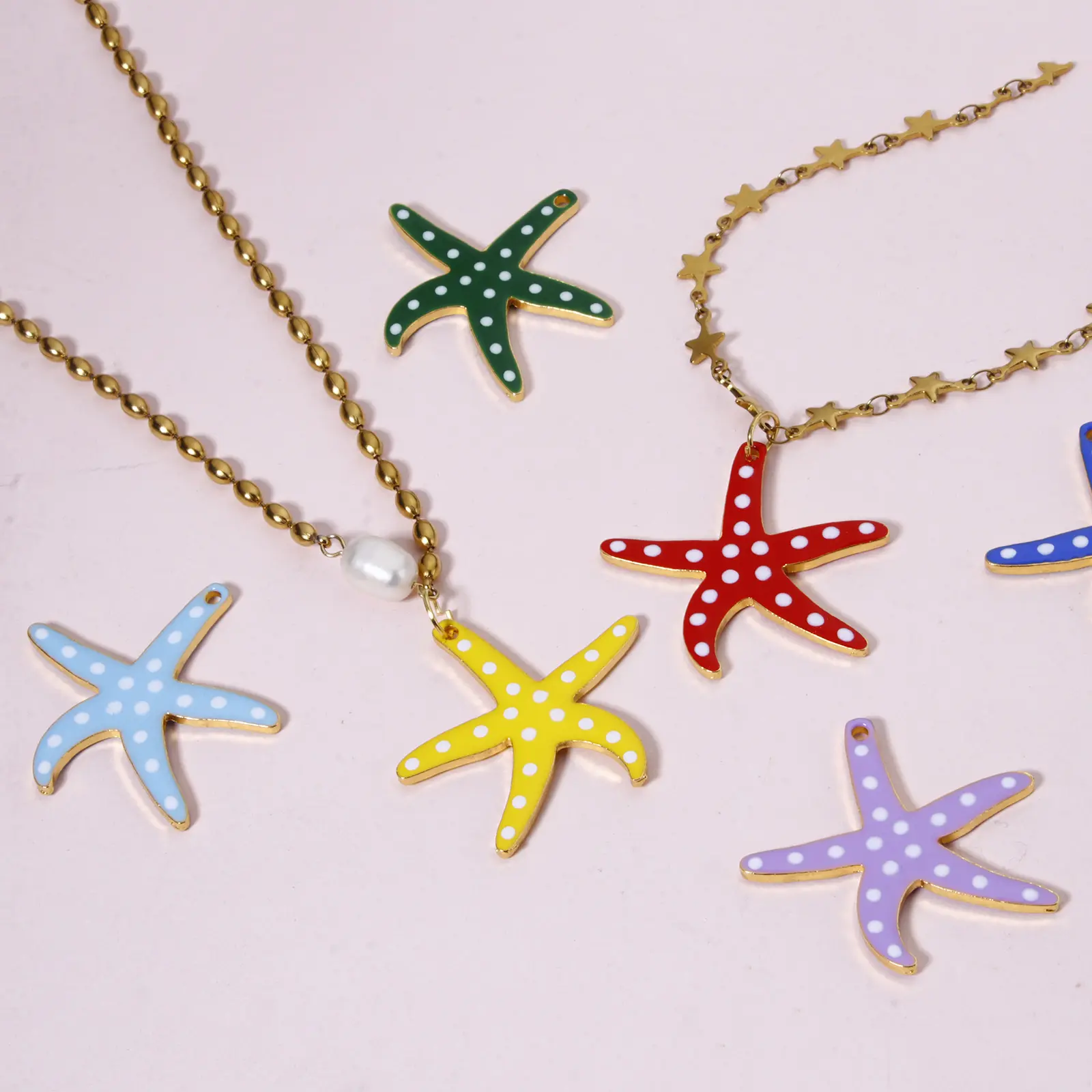 5PCs Ocean Dot Starfish Jewelry Pendants Gold Plated Double-sided Enamelled Sequins Pendant For DIY Jewelry Making 3.7cm x 3.5cm