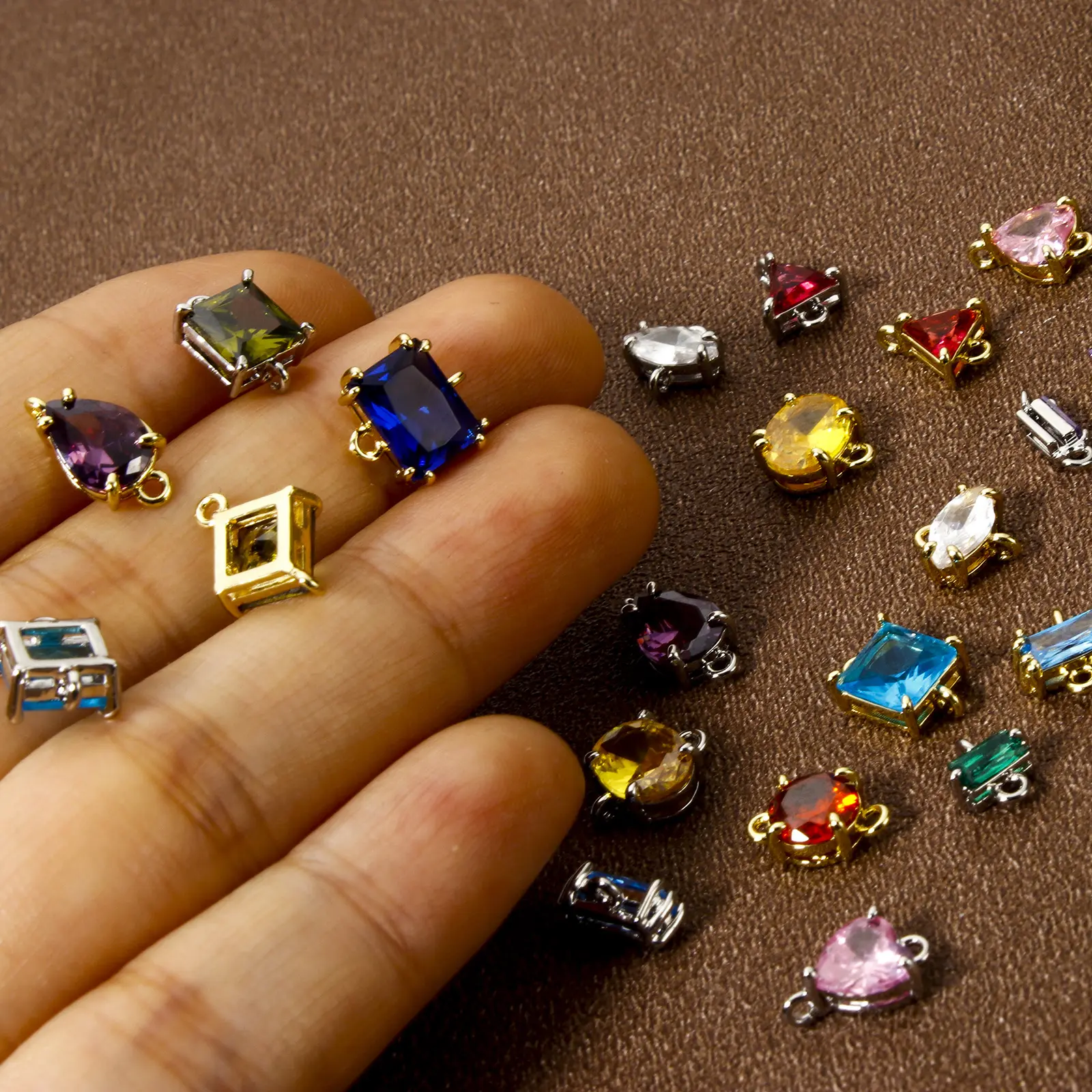 2 PCs Brass & Glass Birthstone Connectors Charms Pendants Real Gold Plated Heart Square Oval For DIY Earring Bracelet Making