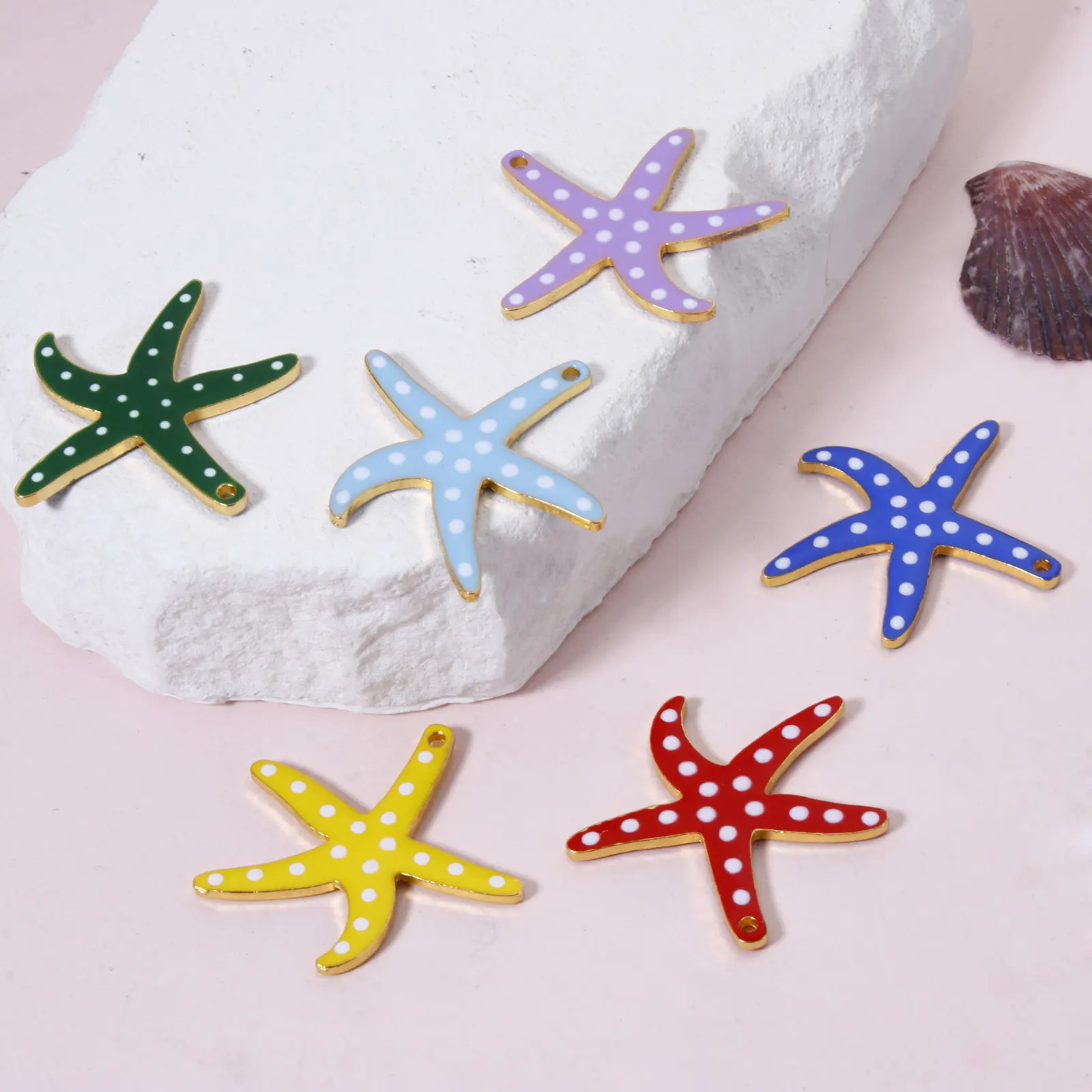 5PCs Ocean Dot Starfish Jewelry Pendants Gold Plated Double-sided Enamelled Sequins Pendant For DIY Jewelry Making 3.7cm x 3.5cm