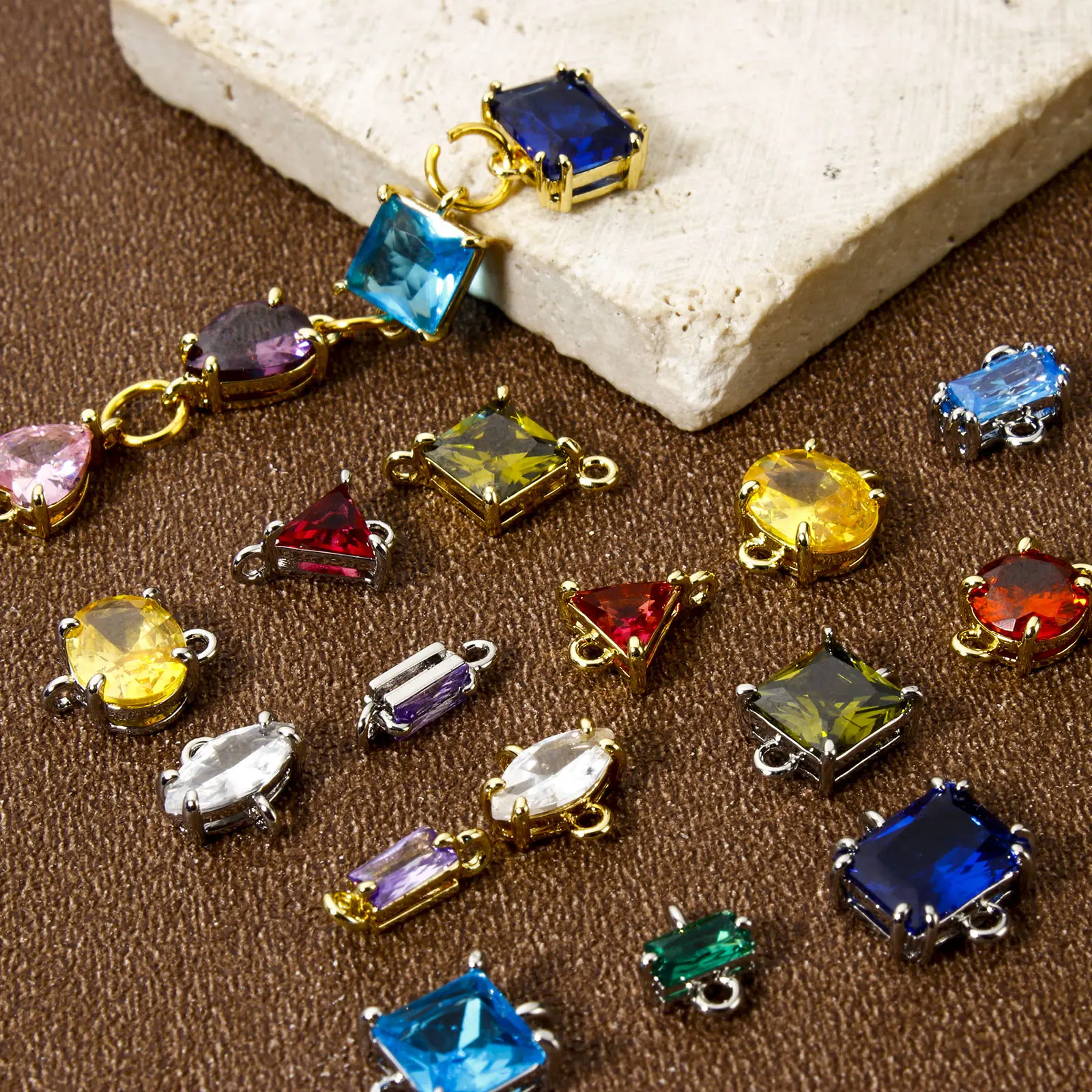 2 PCs Brass & Glass Birthstone Connectors Charms Pendants Real Gold Plated Heart Square Oval For DIY Earring Bracelet Making
