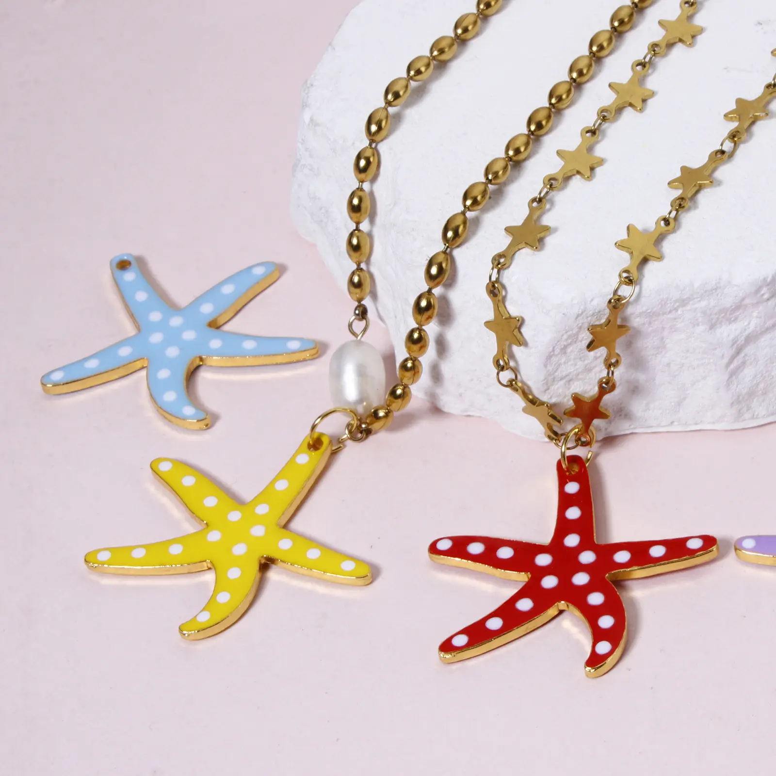 5PCs Ocean Dot Starfish Jewelry Pendants Gold Plated Double-sided Enamelled Sequins Pendant For DIY Jewelry Making 3.7cm x 3.5cm