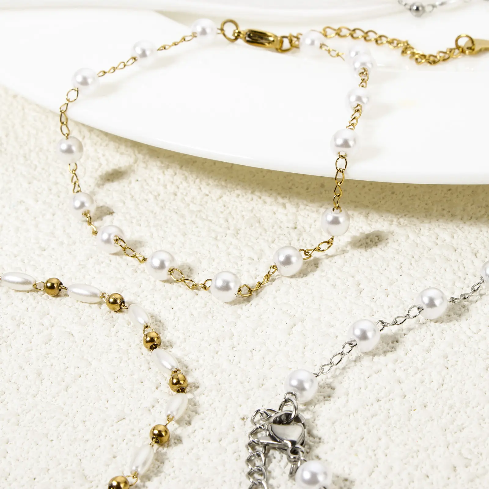 1 Piece 304 Stainless Steel Anklet Acrylic Imitation Pearl Handmade Link Chain Anklet Foot Summer Beach Foot Leg Jewelry Gifts