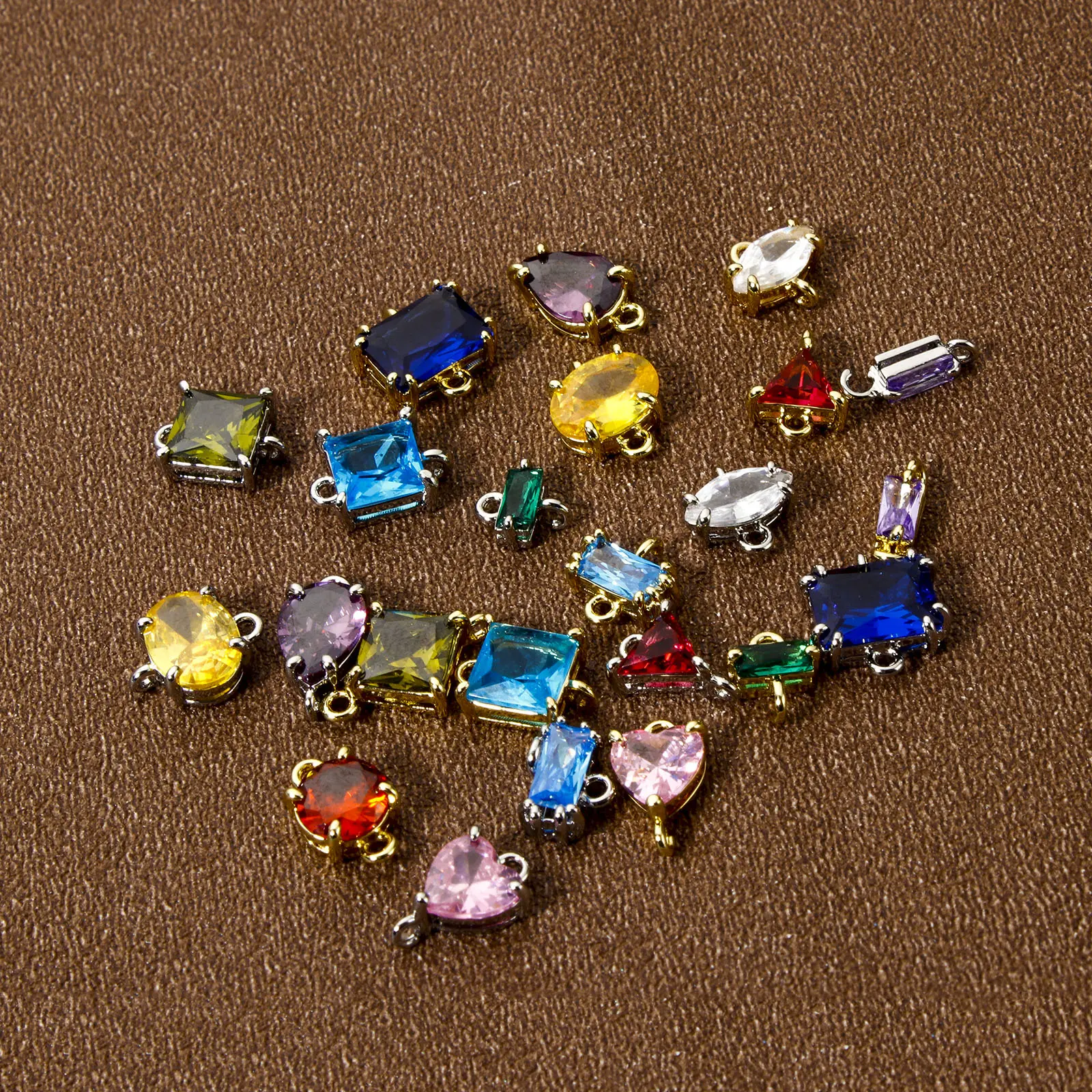 2 PCs Brass & Glass Birthstone Connectors Charms Pendants Real Gold Plated Heart Square Oval For DIY Earring Bracelet Making