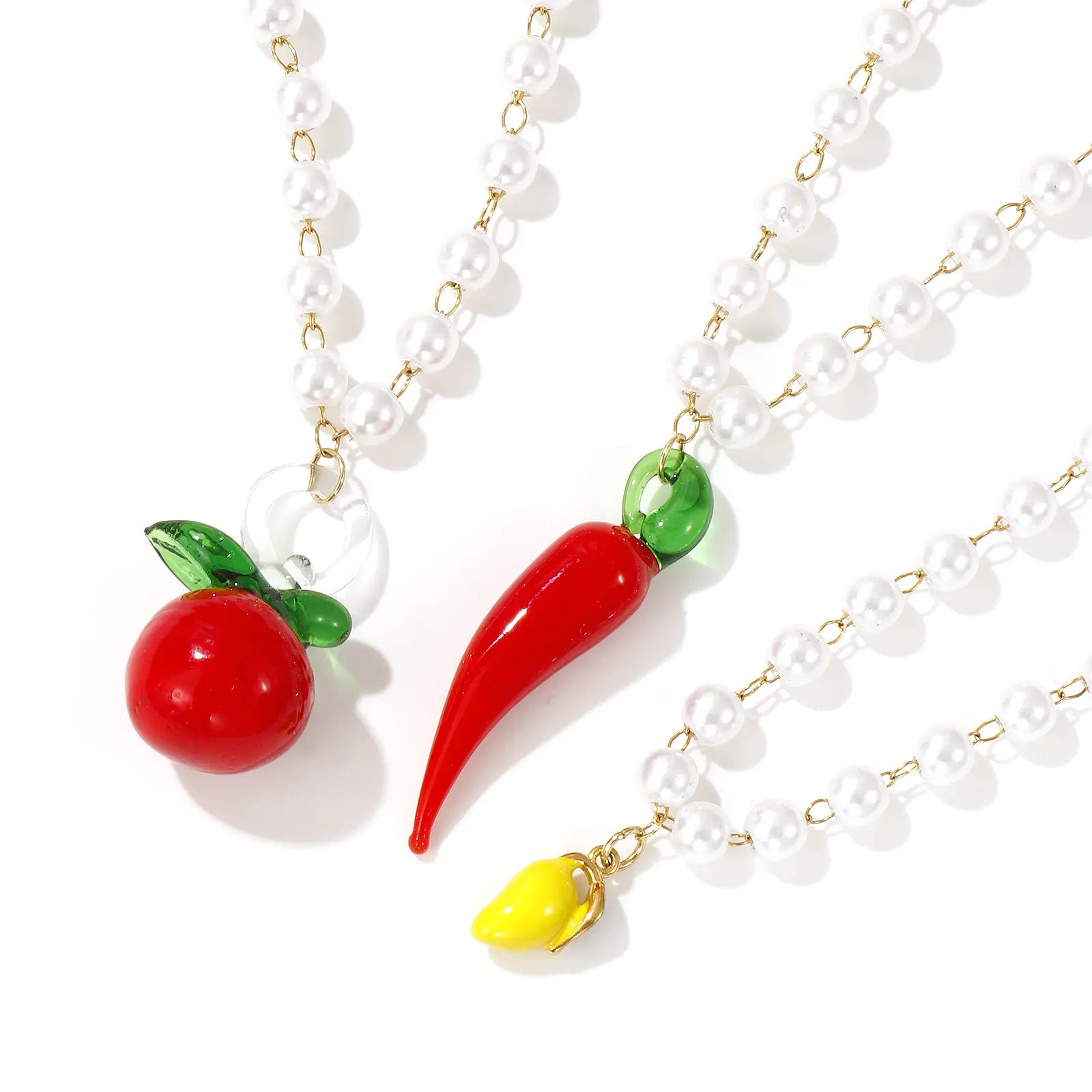304 Stainless Steel & Lampwork Glass Pendant Necklace 18K Gold Plated Beaded Chain Apple Chili Mango Charm 45cm For Women Gift