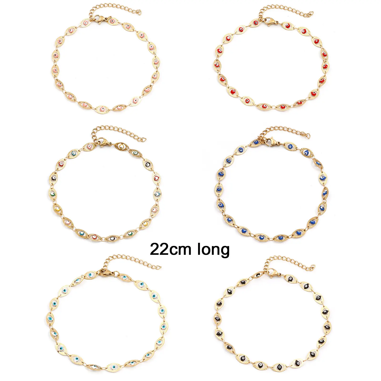 304 Stainless Steel Religious Evil Eye Anklet Multicolor Metal Enamel Link Chain Women Summer Beach Foot Show Jewelry, 1 Piece